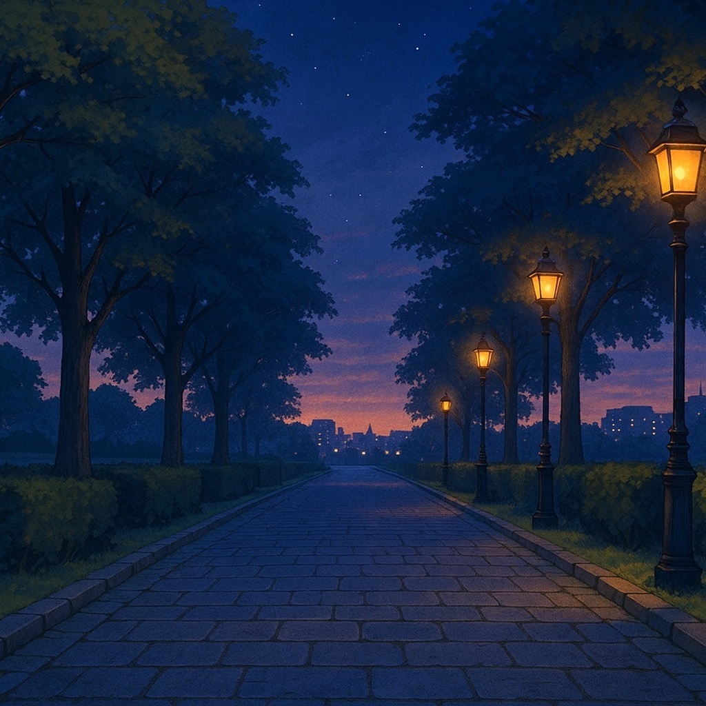 ゲーム背景パック Vol.1|公園プロムナード(朝焼け/昼/夕暮れ/夜・全5枚)