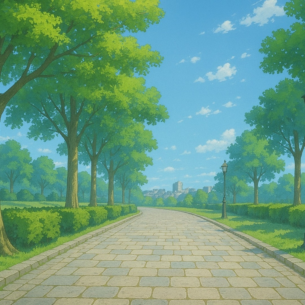 ゲーム背景パック Vol.1|公園プロムナード(朝焼け/昼/夕暮れ/夜・全5枚)