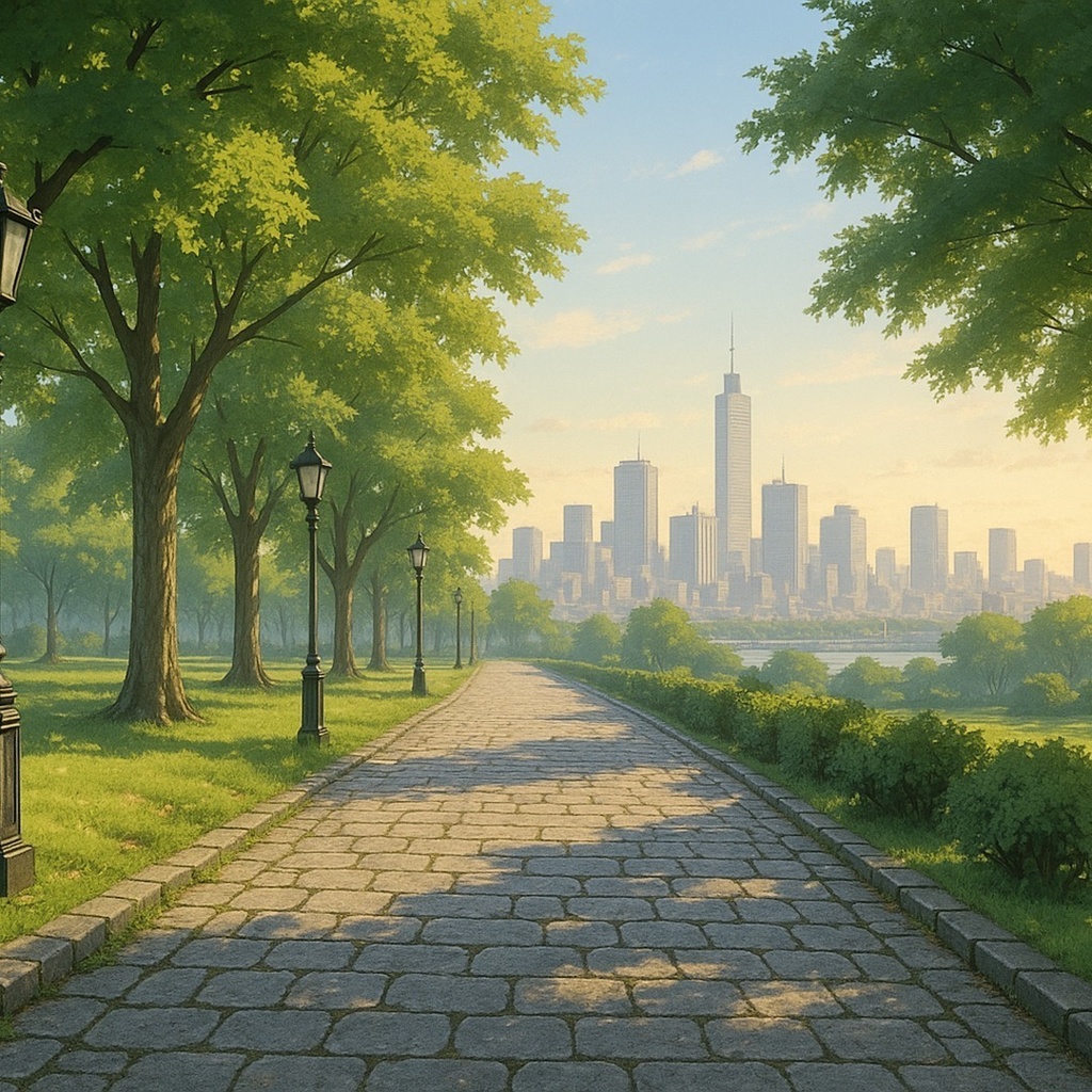 ゲーム背景パック Vol.1|公園プロムナード(朝焼け/昼/夕暮れ/夜・全5枚)