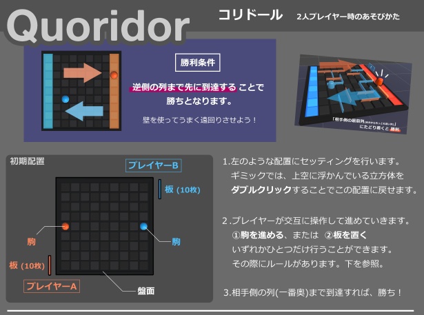 【VRChatワールド用 ボドゲ】コリドール 2人用 (Udon簡易ギミック)