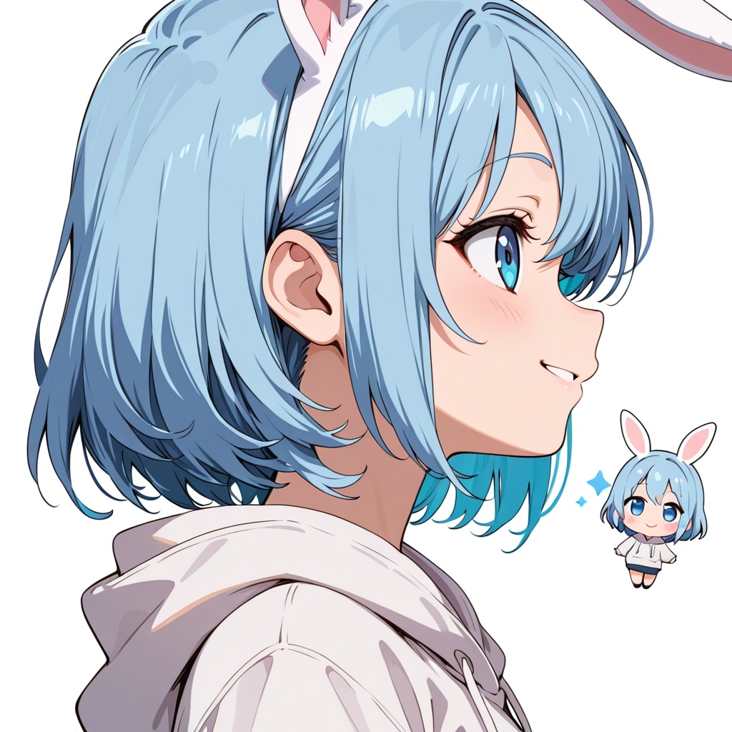 【無料・フリー素材】SNSアイコン用・うさぎ耳ちびキャラ女の子（イラスト素材・白背景）【AI生成】