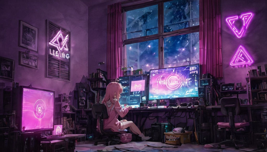 無料・フリー素材】配信用背景・サムネ素材・夜のゲーミング部屋と女の子(イラスト素材・16:9)【AI生成】