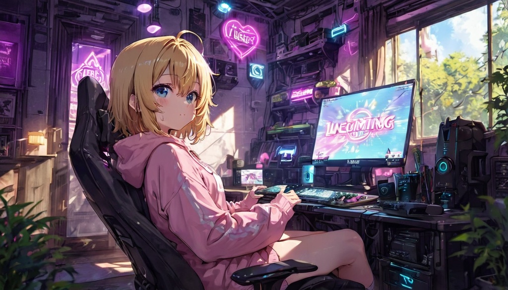 【無料・フリー素材】配信用背景・サムネ素材・朝のゲーミング部屋と女の子（イラスト素材・16:9）【AI生成】
