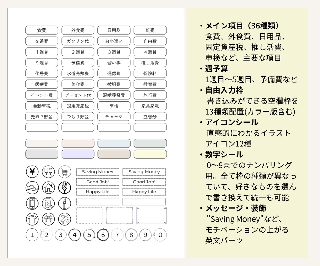 【全60種以上】家計管理ラベルシールセット|スライダーケース用・書き込み枠・アイコン付き|印刷してすぐ使えるデジタル素材|Canva(無料版でOK)