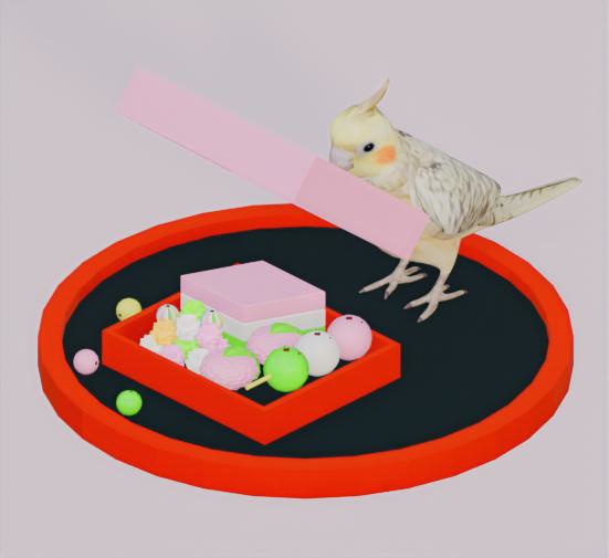 【３Dモデル】オカメインコ（フタ開け）　ひな祭り　ひし餅　三色団子　桜餅　ひなあられ