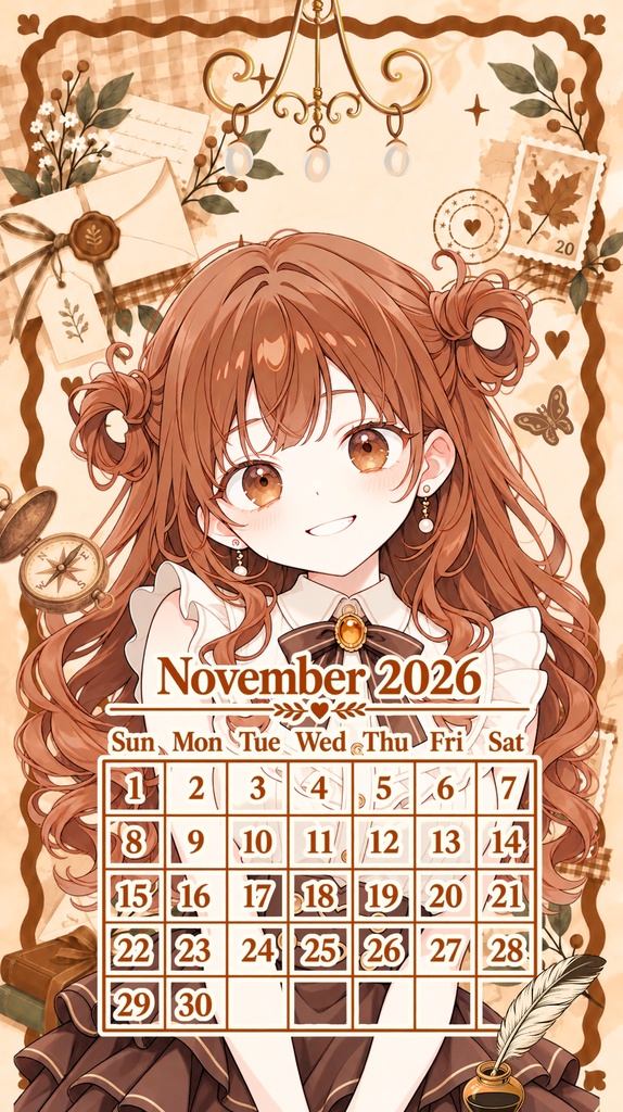 ✦11月用✦【カレンダー付き!待ち受け素材】秋の夕暮れ&アンティークセット *+【 Vtuber/配信者向け 】