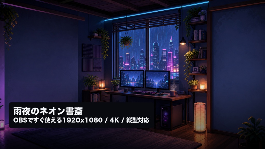 【配信用背景】雨夜のネオン書斎|VTuber/OBS向け背景素材+ループ動画