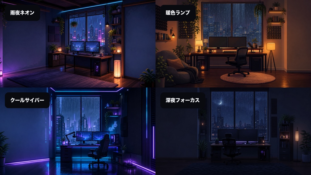 【配信用背景】雨夜のネオン書斎|VTuber/OBS向け背景素材+ループ動画