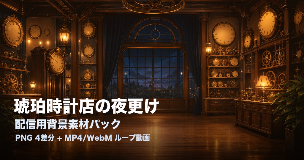 【配信用背景】琥珀時計店の夜更け｜VTuber/OBS向け背景素材＋ループ動画