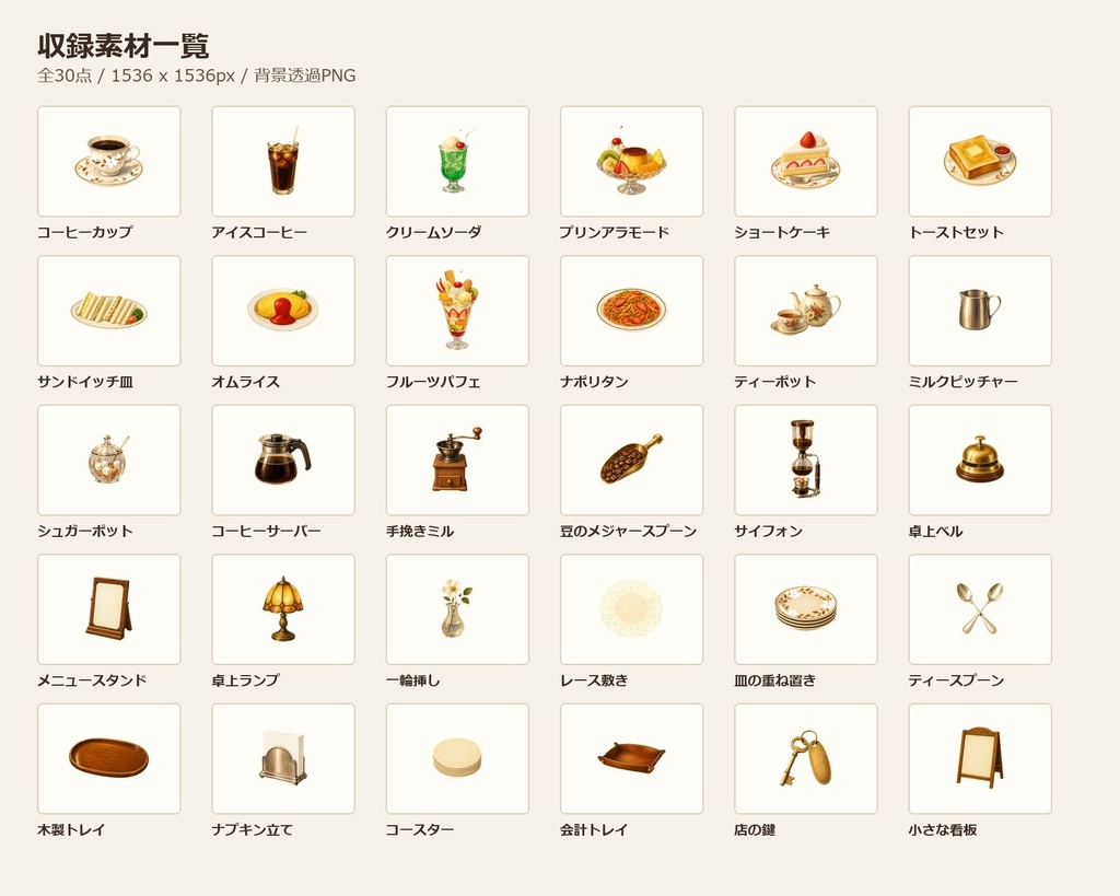 【商用利用可/透過PNG】純喫茶小物素材30点|TRPG・ココフォリア・配信・ゲーム素材
