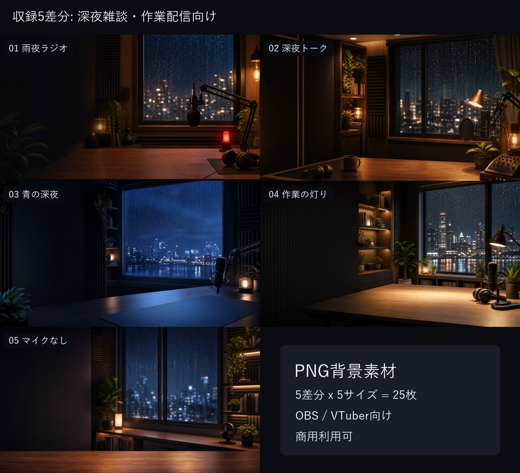【商用利用可】雨音ラジオブース|深夜雑談・作業配信用PNG背景