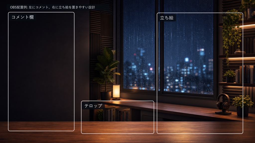 【商用利用可】雨音ラジオブース|深夜雑談・作業配信用PNG背景