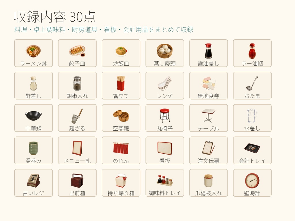 【商用利用可/透過PNG】昭和レトロ町中華・食堂小物素材30点|TRPG・ココフォリア・配信・ゲーム素材
