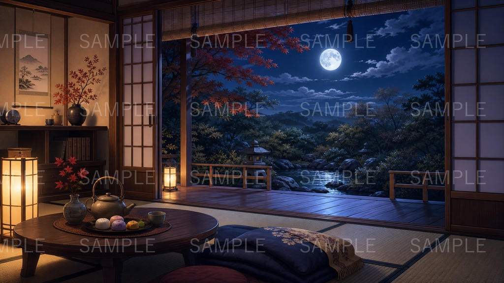 【商用利用可】月夜の読書和室|夜活・作業配信用PNG背景