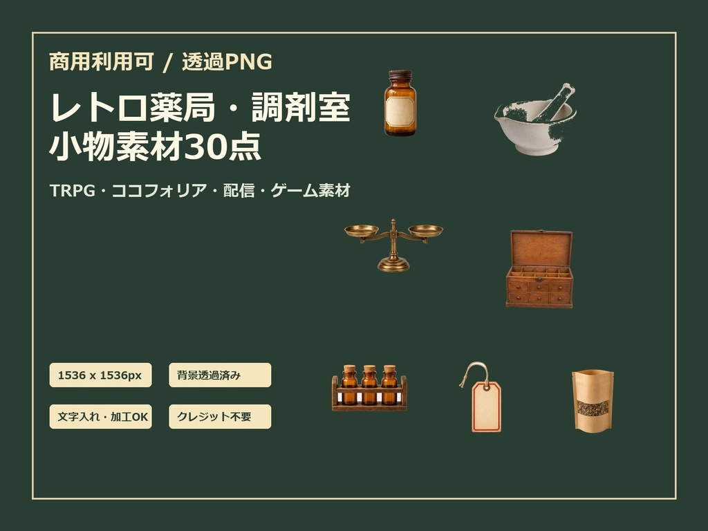 【商用利用可/透過PNG】レトロ薬局・調剤室小物素材30点|TRPG・ココフォリア・配信・ゲーム素材
