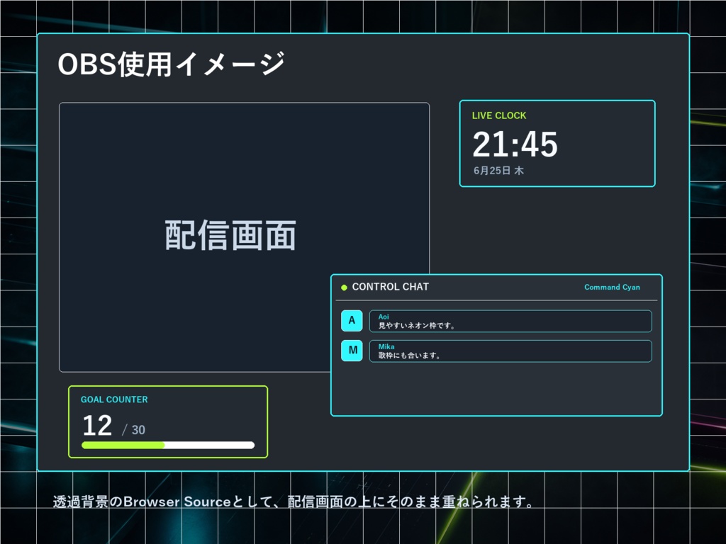 【OBS配信素材】NEON GLASS CONTROL DECK コメント欄6テーマ+時計・カウンターUIセット