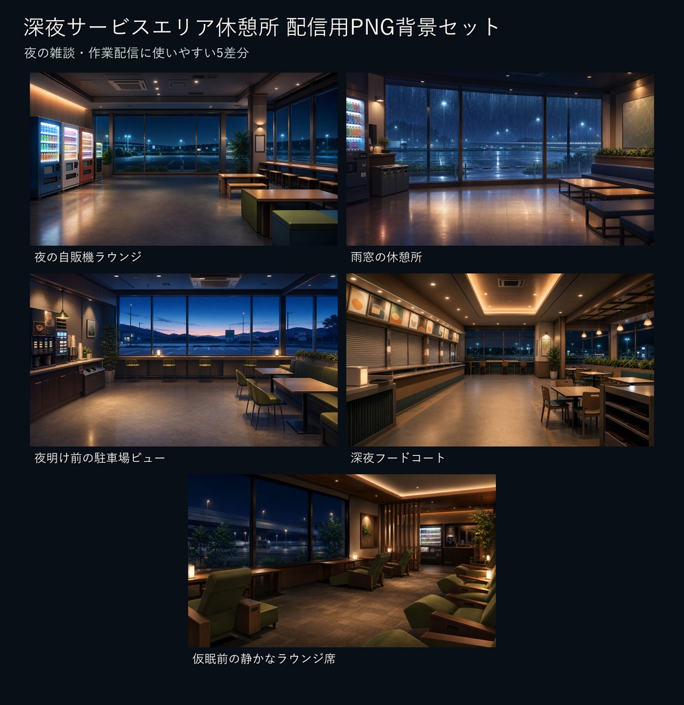 【商用利用可】深夜サービスエリア休憩所|雑談・作業配信用PNG背景