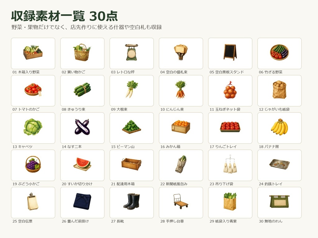 【商用利用可/透過PNG】昭和レトロ八百屋・青果店小物素材30点|TRPG・ココフォリア・配信・ゲーム素材