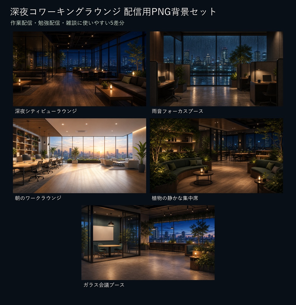 【商用利用可】深夜コワーキングラウンジ|作業・雑談配信用PNG背景