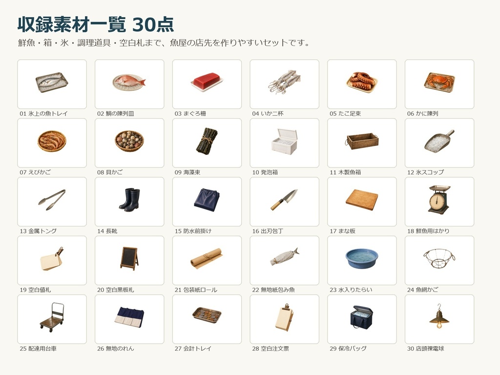 【無料お試し版あり/商用利用可/透過PNG】昭和レトロ魚屋・鮮魚店小物素材30点|TRPG・ココフォリア・配信・ゲーム素材
