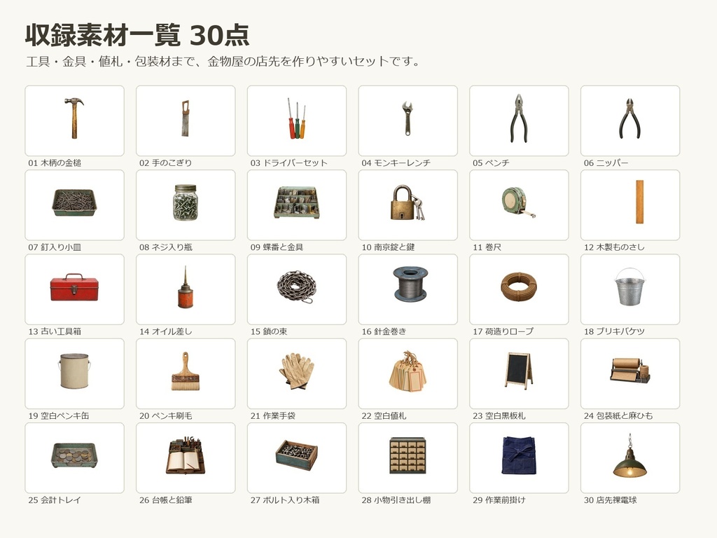 【無料お試し版あり/商用利用可/透過PNG】昭和レトロ金物屋・工具店小物素材30点|TRPG・ココフォリア・配信・ゲーム素材