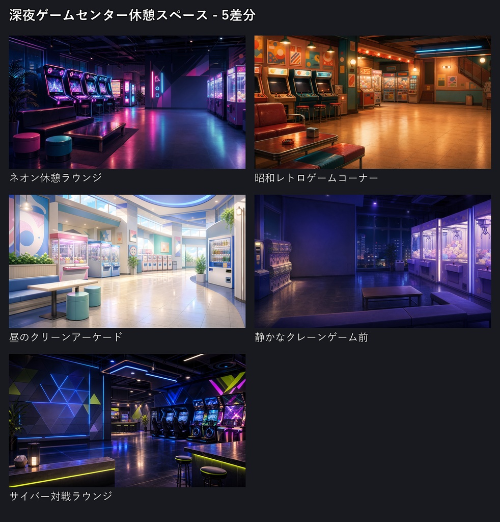 【無料お試し版あり/商用利用可】深夜ゲームセンター休憩スペース|ゲーム配信・雑談用PNG背景