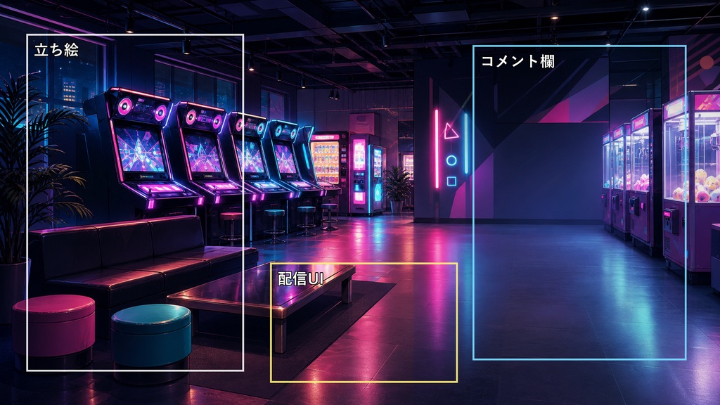 【無料お試し版あり/商用利用可】深夜ゲームセンター休憩スペース|ゲーム配信・雑談用PNG背景