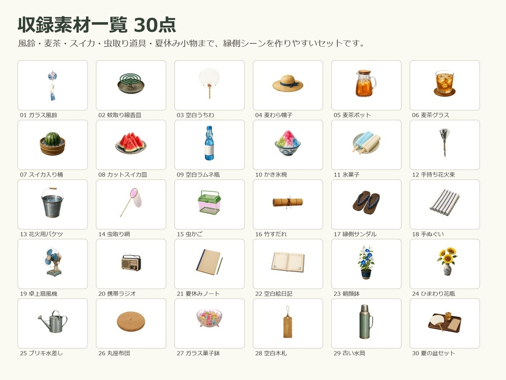 【無料お試し版あり/商用利用可/透過PNG】昭和レトロ夏の縁側・田舎小物素材30点|TRPG・ココフォリア・配信・ゲーム素材