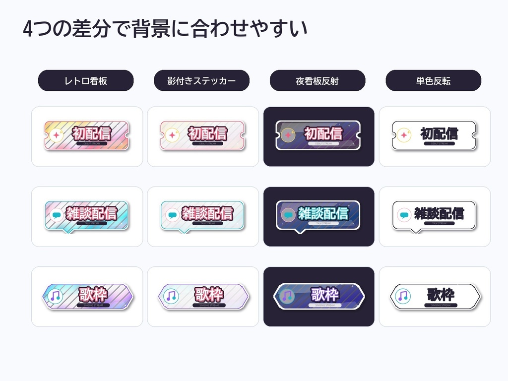 【VTuber/配信者/IRIAM向け】配信ロゴ素材セット|初配信・歌枠・おはV・周年 42種×4差分 透過PNG+SVG