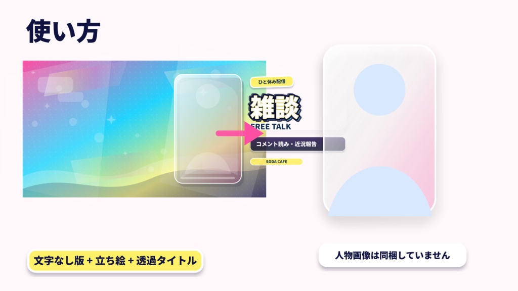 【立ち絵を置くだけ】クリームソーダ配信サムネイルテンプレート|VTuber向け12ジャンル / 文字なし・透過タイトル・SVG付き