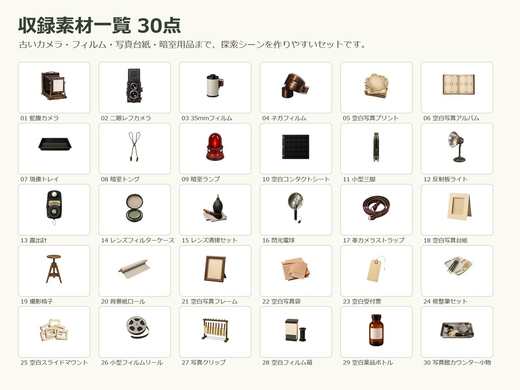 【無料お試し版あり/商用利用可/透過PNG】昭和レトロ写真館・暗室小物素材30点|TRPG・ココフォリア・配信・ゲーム素材