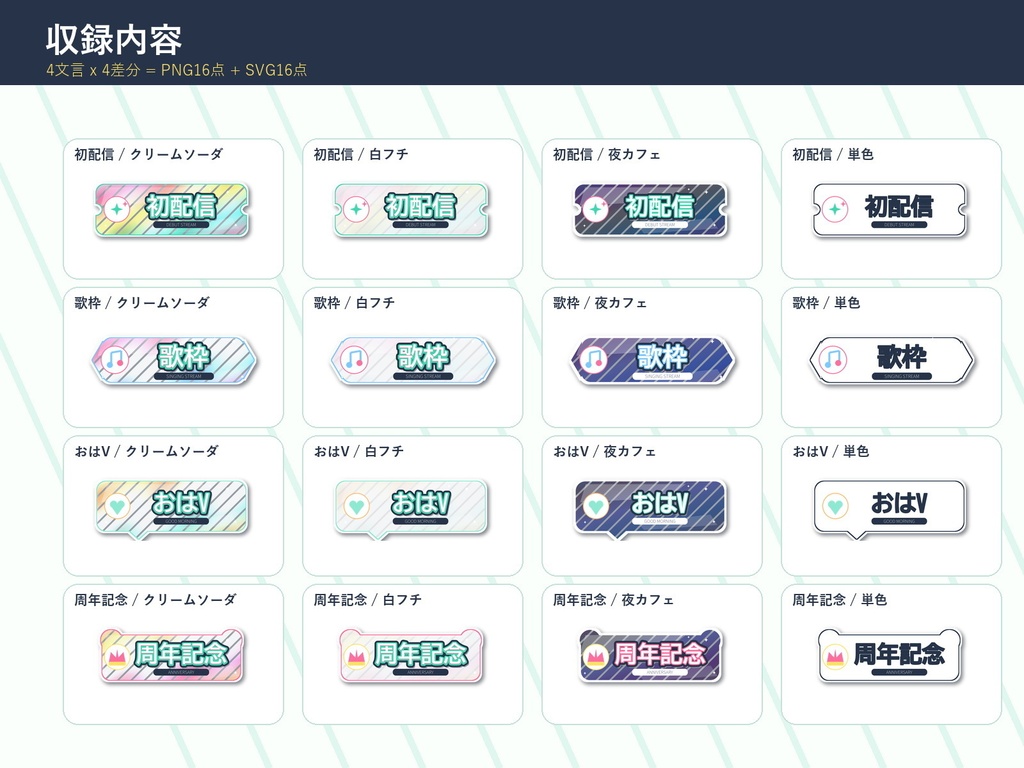 【無料サンプル】クリームソーダ風 配信用ロゴ素材|4文言×4差分 透過PNG+SVG