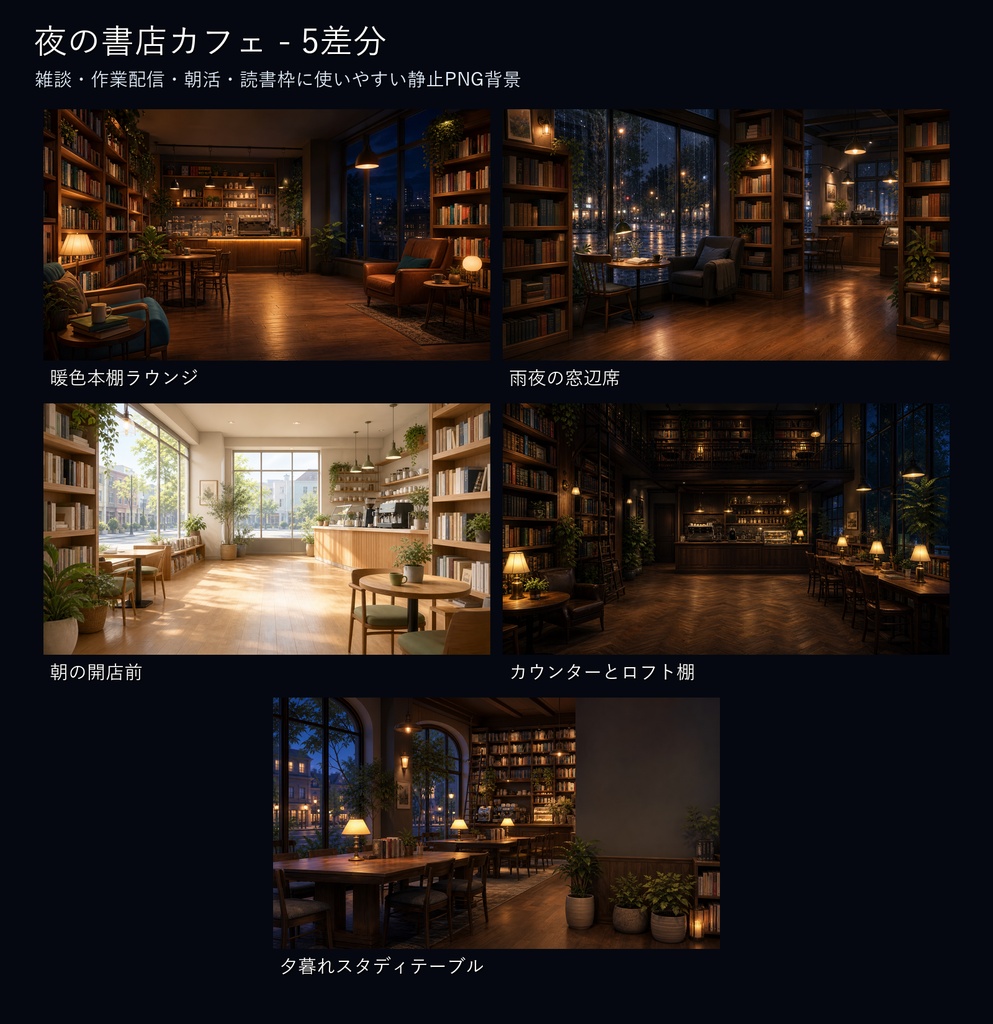 【無料お試し版あり/商用利用可】夜の書店カフェ|雑談・作業配信用PNG背景