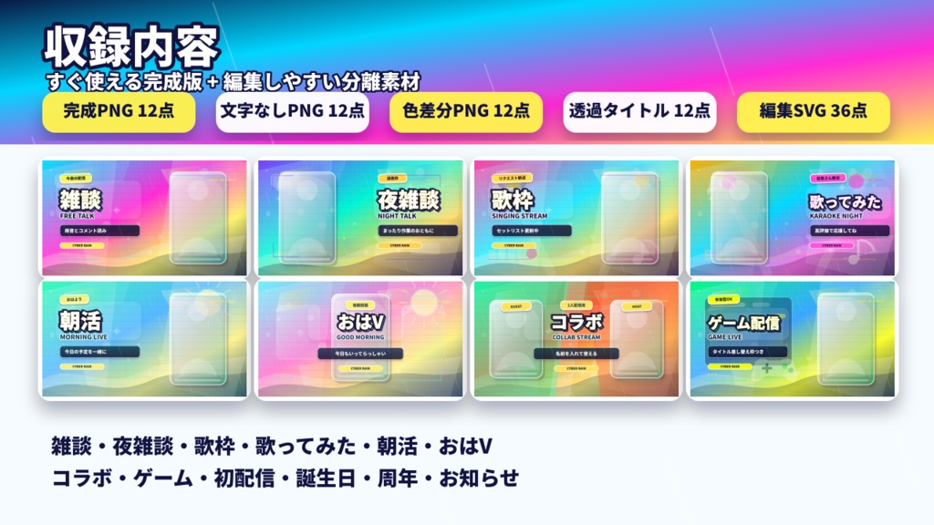 【立ち絵を置くだけ】サイバーレイン配信サムネイルテンプレート|VTuber向け12ジャンル / 文字なし・透過タイトル・SVG付き