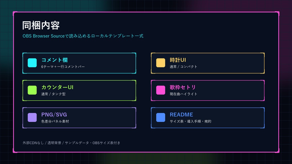 【OBS配信素材】RAINBOW ARCADE SOUND DECK コメント欄6テーマ+時計・カウンター・歌枠セトリUIセット