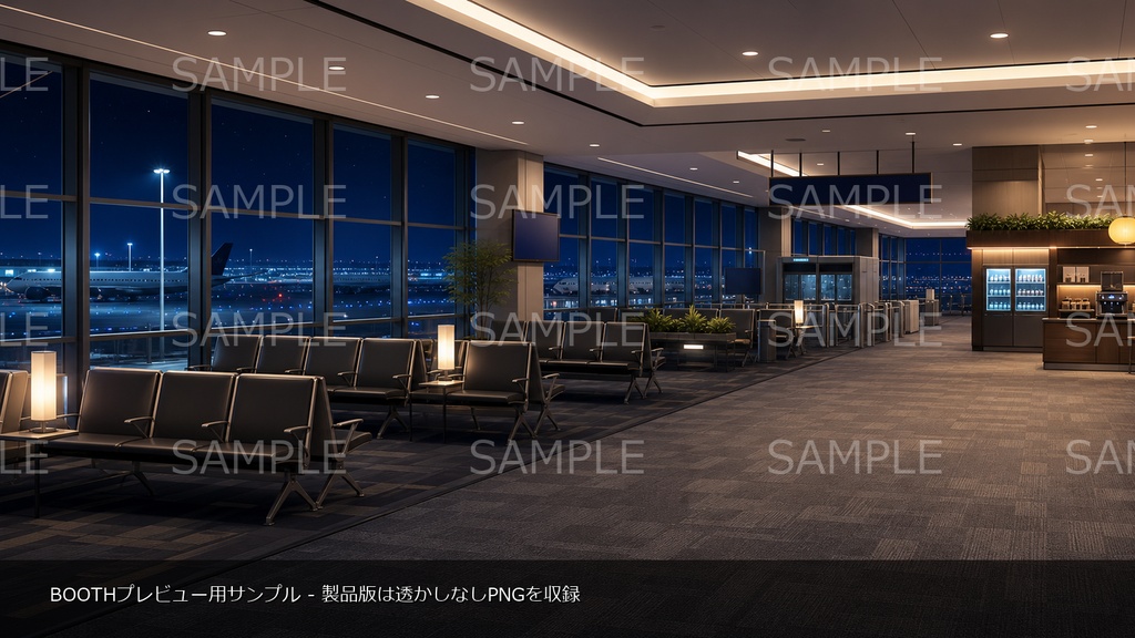 【無料お試し版あり/商用利用可】深夜の空港ラウンジ|雑談・作業配信用PNG背景
