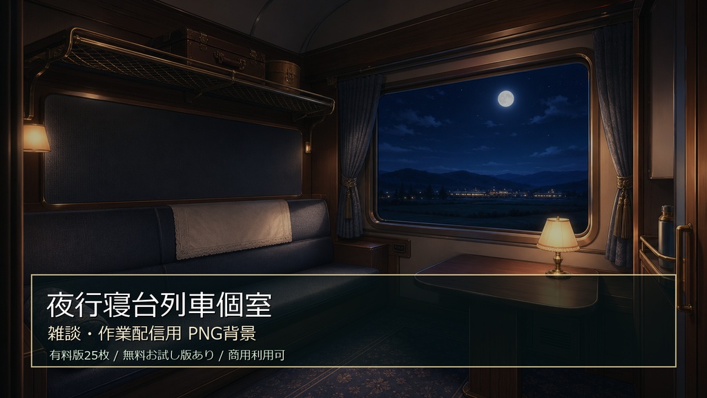 【無料お試し版あり/商用利用可】夜行寝台列車個室｜雑談・作業配信用PNG背景