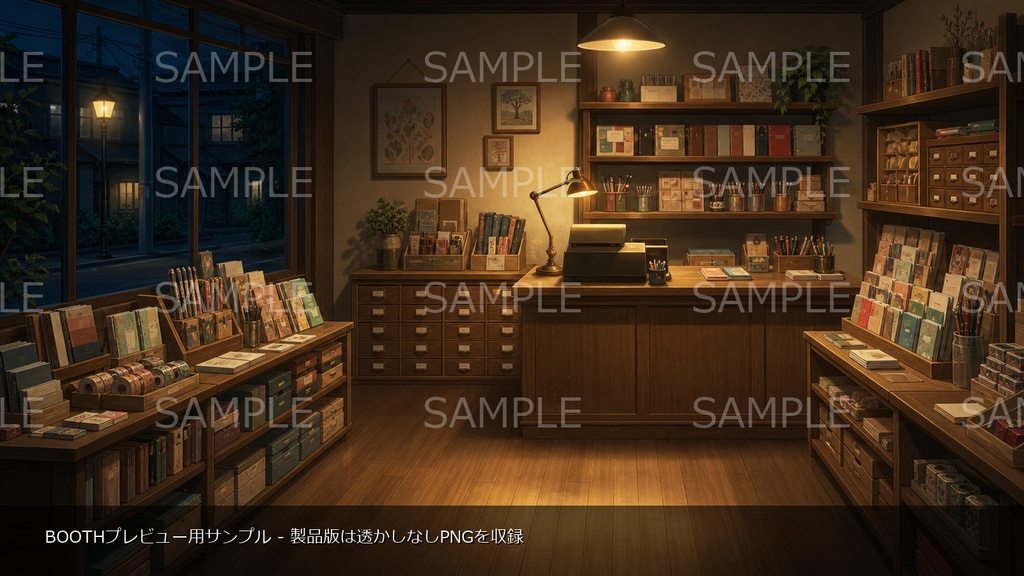 【無料お試し版あり/商用利用可】夜の文具店作業カウンター|雑談・作業配信用PNG背景