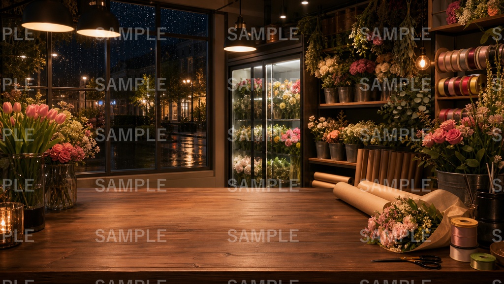 【無料お試し版あり/商用利用可】夜の花屋ラッピングカウンター|雑談・作業配信用PNG背景