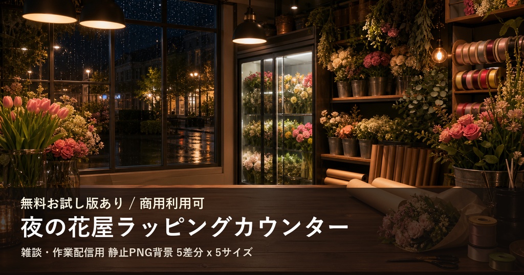 【無料お試し版あり/商用利用可】夜の花屋ラッピングカウンター|雑談・作業配信用PNG背景