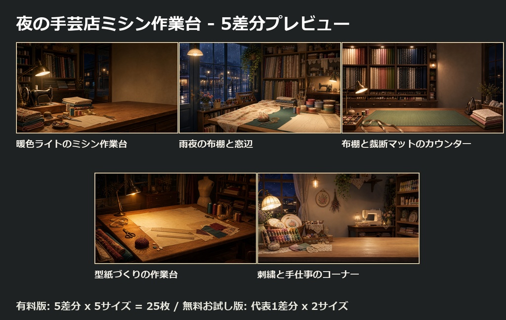 【無料お試し版あり/商用利用可】夜の手芸店ミシン作業台|雑談・作業配信用PNG背景