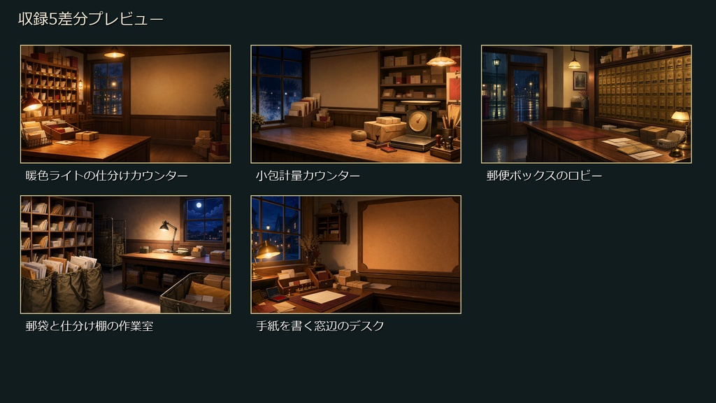 【無料お試し版あり/商用利用可】夜の郵便局仕分けカウンター|雑談・作業配信用PNG背景
