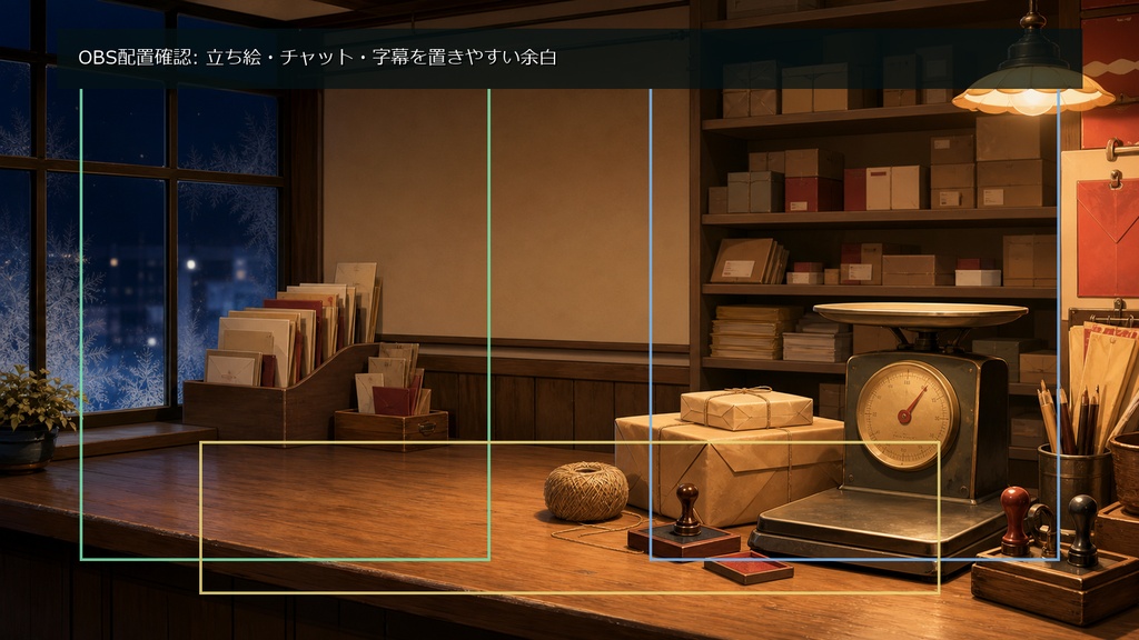 【無料お試し版あり/商用利用可】夜の郵便局仕分けカウンター|雑談・作業配信用PNG背景
