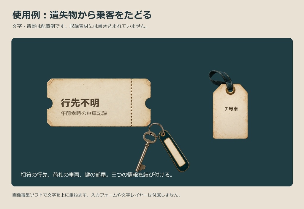 【商用利用可・透過PNG12点】夜行列車の遺失物|TRPGミステリー小道具・空欄素材