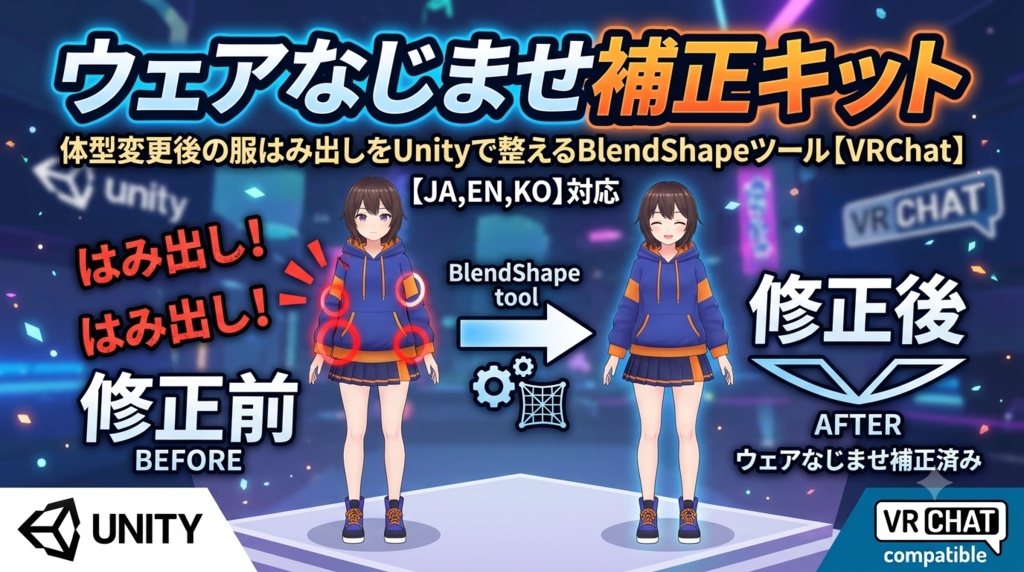 ウェアなじませ補正キット - 体型変更後の服はみ出しをUnityで整えるBlendShapeツール【VRChat】【JA,EN,KO】
