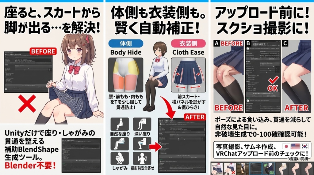 座りポーズ服なじませキット - 座り・しゃがみ時のスカート/ワンピ貫通をUnityで整えるBlendShapeツール【VRChat】【JA,EN,KO】