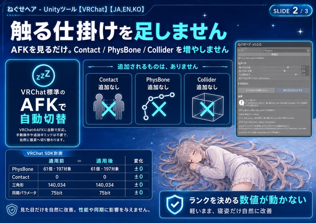 ねぐせヘア - V睡で寝ころぶと髪が床の上へ扇状に広がるUnityツール【VRChat】【JA,EN,KO】