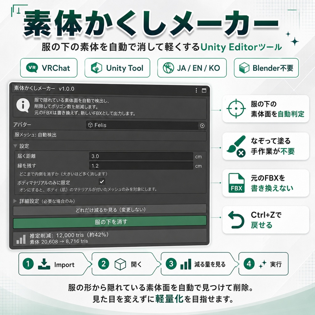 素体かくしメーカー - 服の下の素体を自動で消して軽くするUnityツール【VRChat】【JA,EN,KO】
