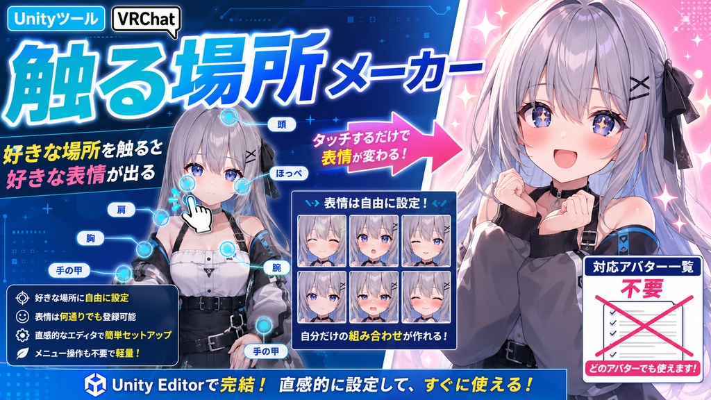 触る場所メーカー - 好きな場所を触ると好きな表情が出る。対応アバター一覧の要らないUnityツール【VRChat】