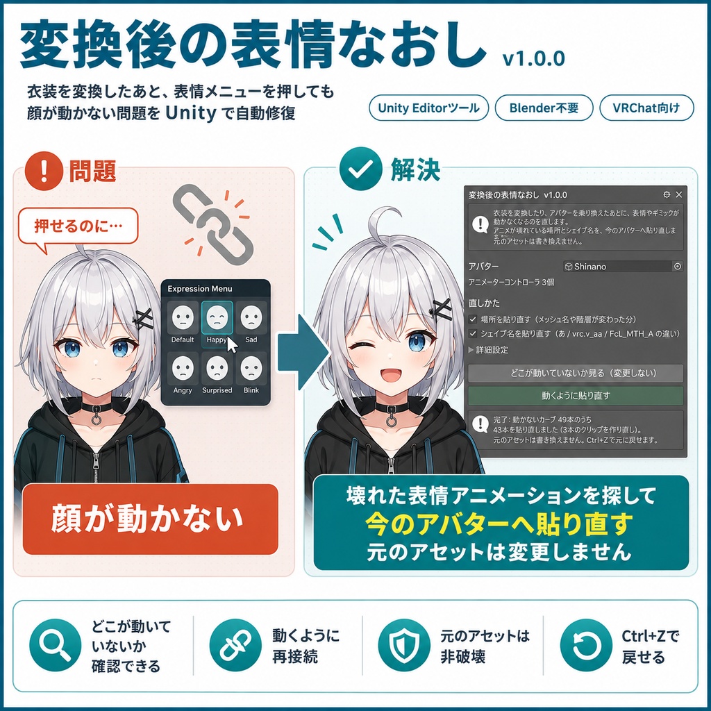 変換後の表情なおし - 衣装を変換したら表情メニューを押しても顔が動かない、をUnityで自動修復【VRChat】